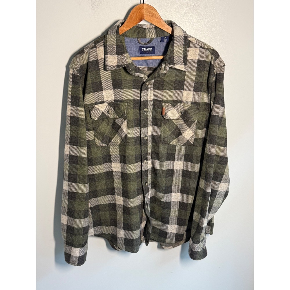 Chaps Mens Green Black Buffalo Plaid Flannel Button Down Shirt Large L/G